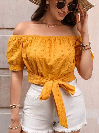 Dame Off-Shoulder Bluse med Talje bælte og Puffærmer Stilla
