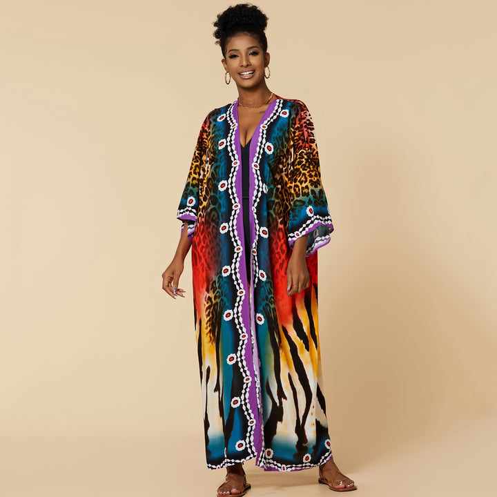 Dame Strandkimono med kunstnerisk dyredesign og elegant V-udskæring Stilla
