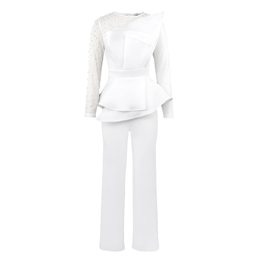 Damer Elegant Jumpsuit med gennemsigtige pufærmer og dyb V-udskæring Skovae