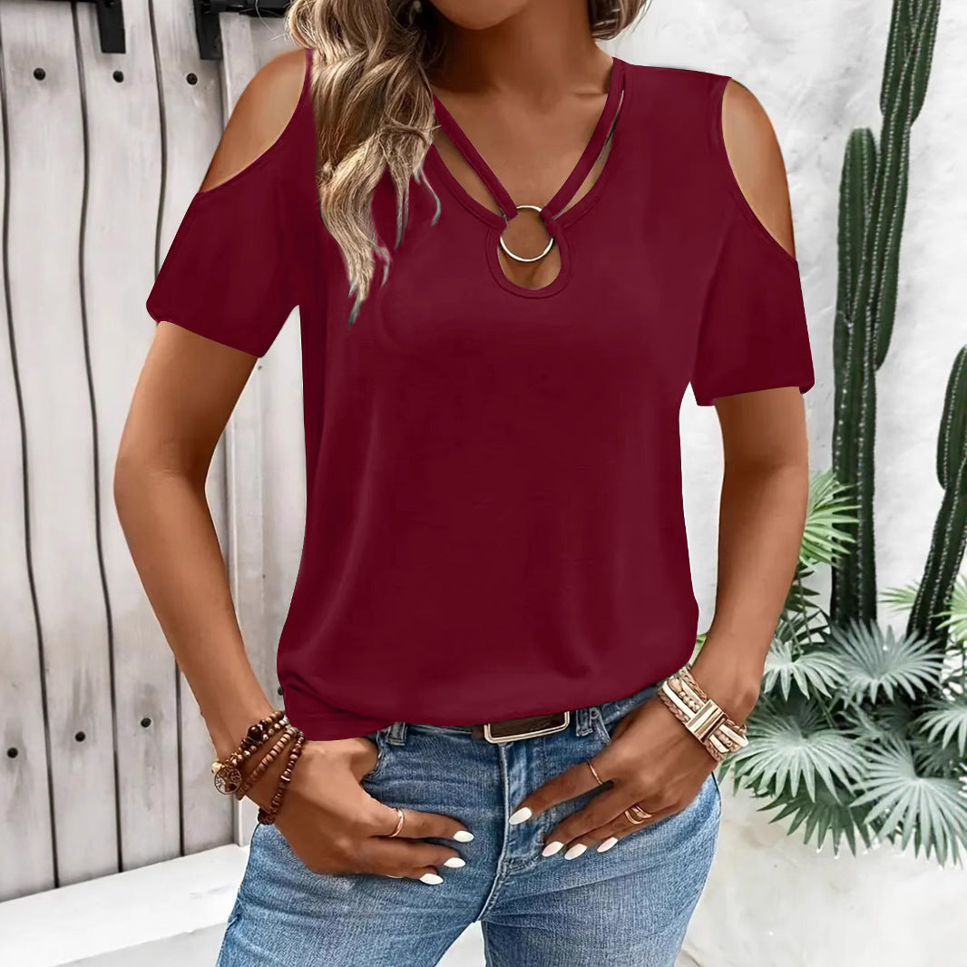 Dame afslappet T-shirt med cut-out ærmer og ringdetalje Stilla