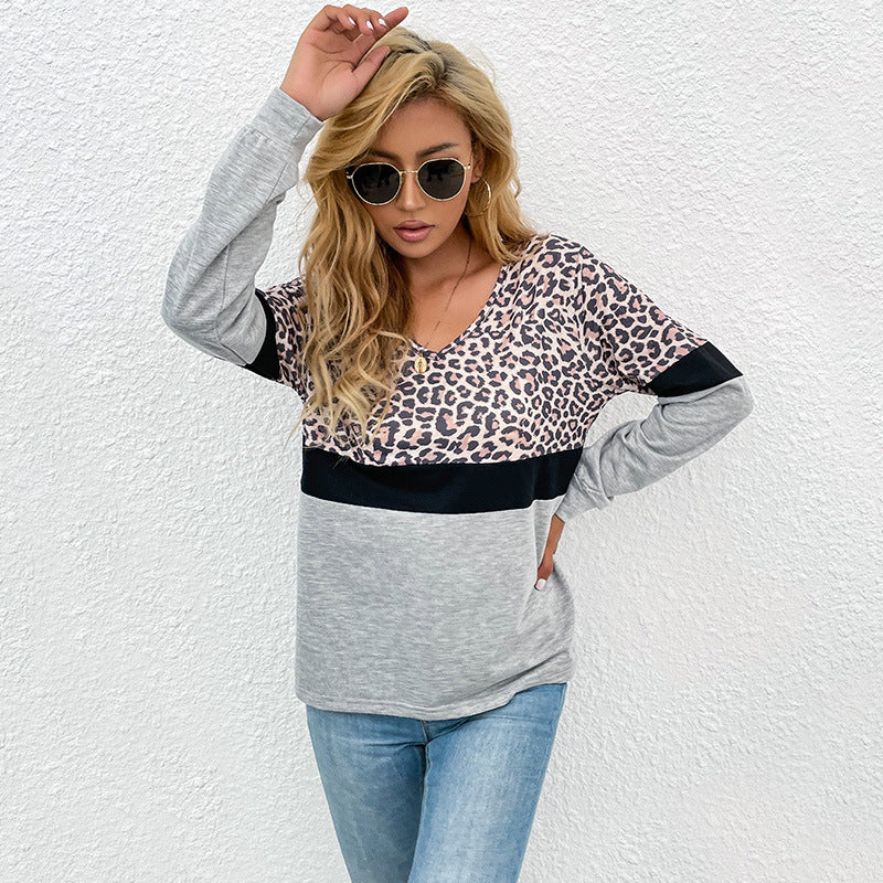 Dame V-udskæring Sweatshirt med leopardmønster og kontrastbånd Stilla