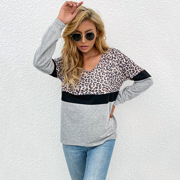 Dame V-udskæring Sweatshirt med leopardmønster og kontrastbånd Stilla