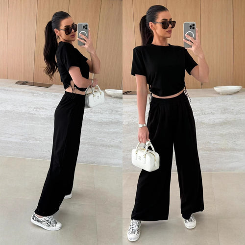 Dame Casual Cropped Top og Vidbenede Bukser Sæt Stilla
