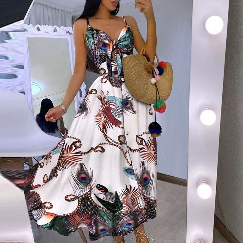 Dame Floral Maxi Kjole med justerbare Spaghetti-stropper og knudedetalje Stilla