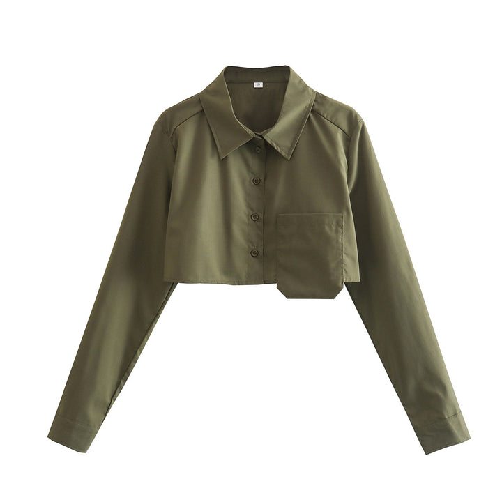 Dame Cropped Button-Up Skjorte med unikt Lomme-Detail Stilla