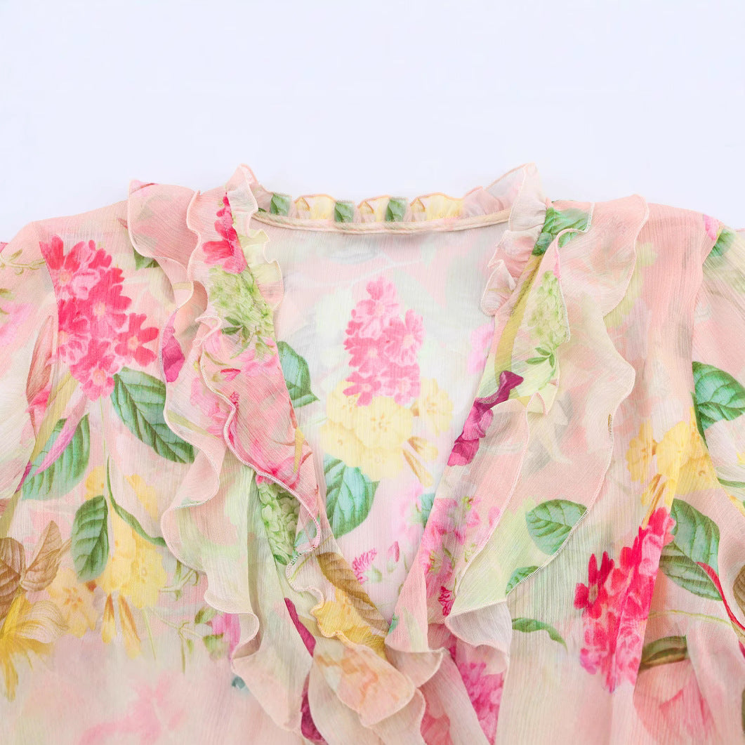 Femme Rynk Blomster Mønster Kimono Jakke Stilla