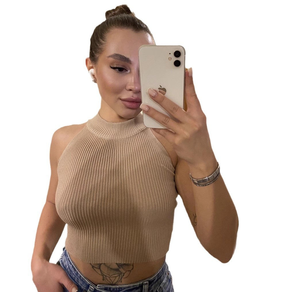 Dame Højhalset Crop-Top i fint ribstrik materiale Stilla
