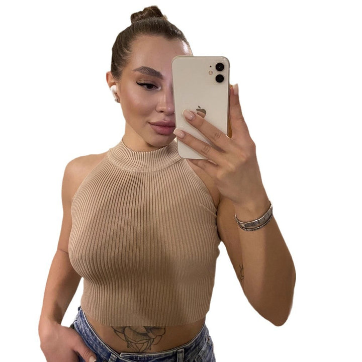 Dame Højhalset Crop-Top i fint ribstrik materiale Stilla