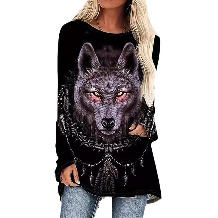 Dame Oversized Sweatshirt med grafisk ulvedesign Stilla