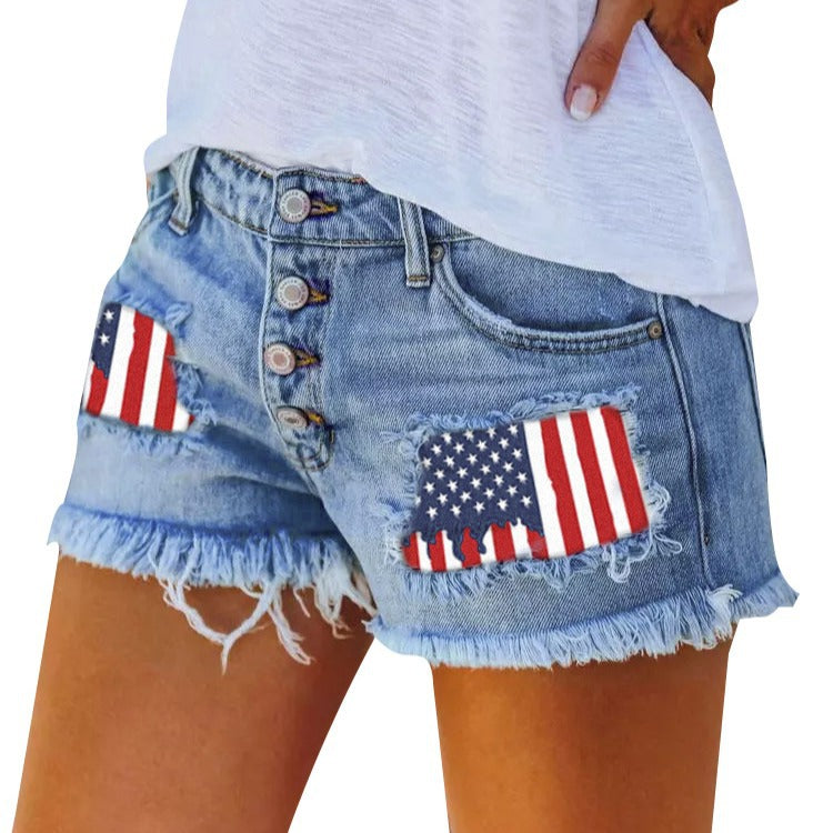 Dame Jeans-shorts med farverige patcher Stilla