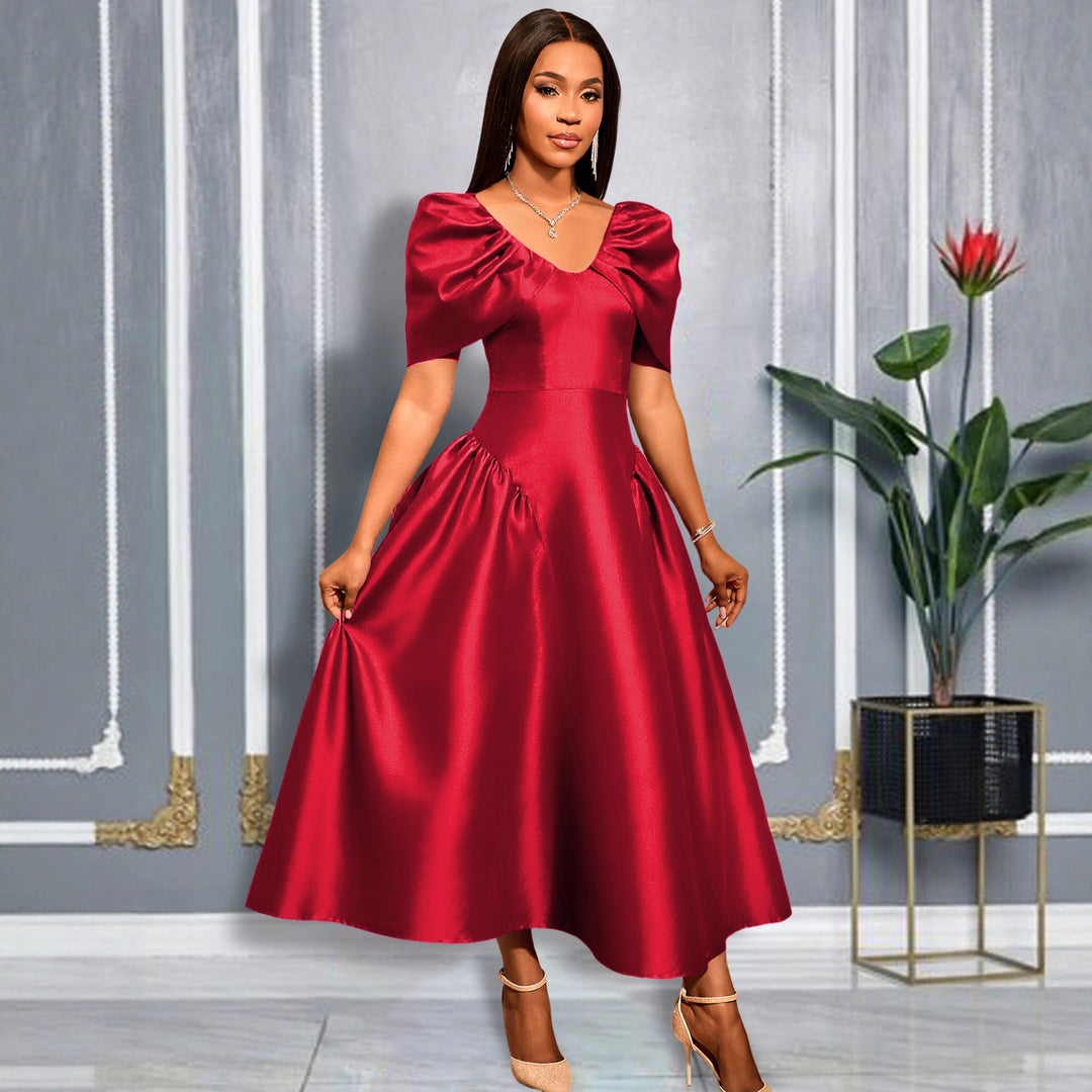 Damer Elegant Satin Aftenkjole med voluminøse Puffærmer Skovae