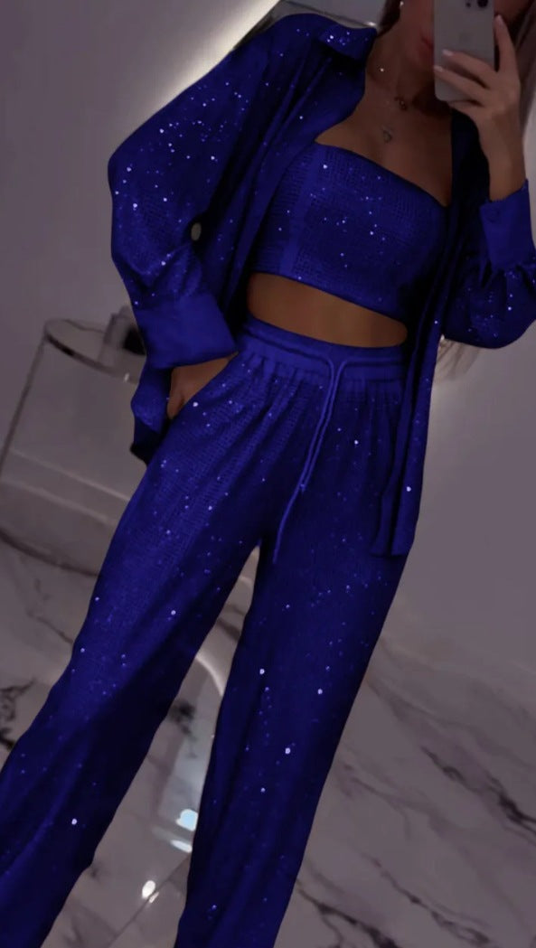 Dame fritids-loungewear sæt med glitrende top og elastiske bukser Stilla