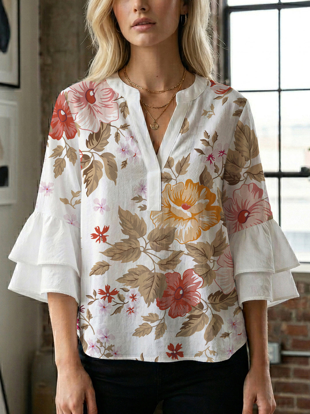 Dame Elegant top med volumiøse puffærmer og floraltryk Skovae