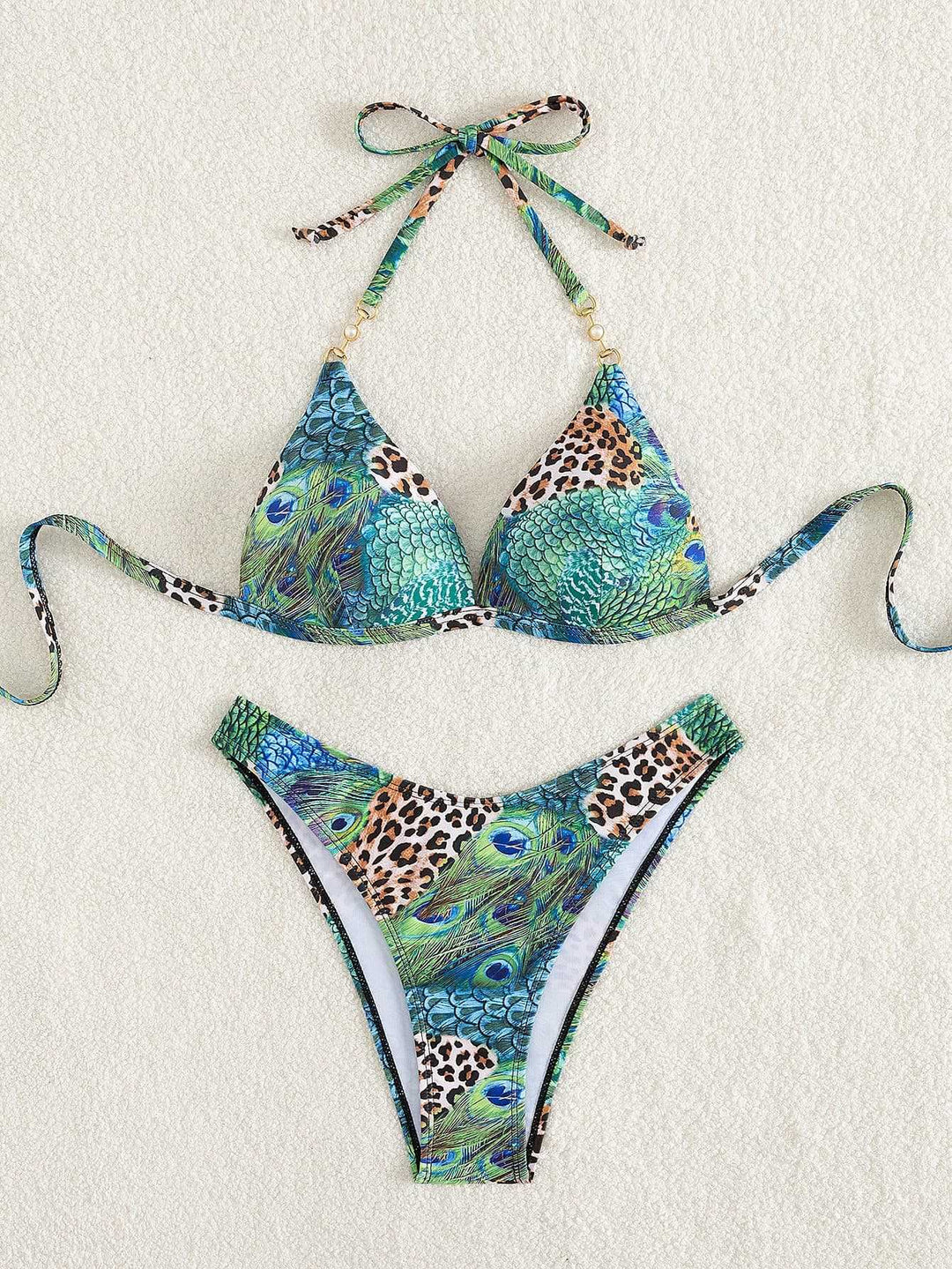 Dame Triangel-Bikini med livligt dyre- og påfuglemotiv Skovae