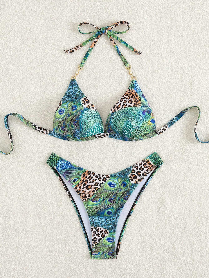 Dame Triangel-Bikini med livligt dyre- og påfuglemotiv Skovae