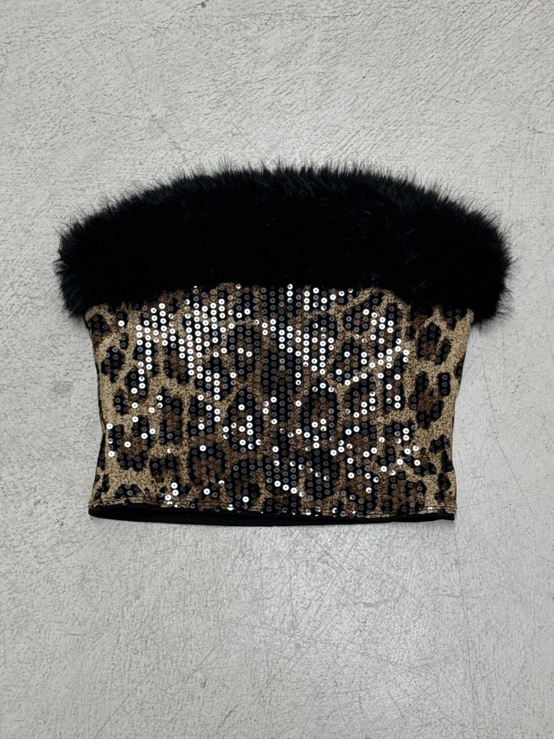 Dame glitrende leopardmønster overdel med kunstpelsdetalje Skovae
