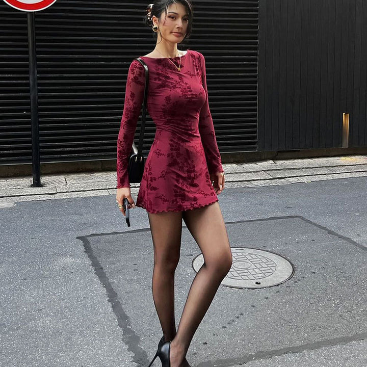 Dame Floral Minikjole med transparente ærmer Skovae