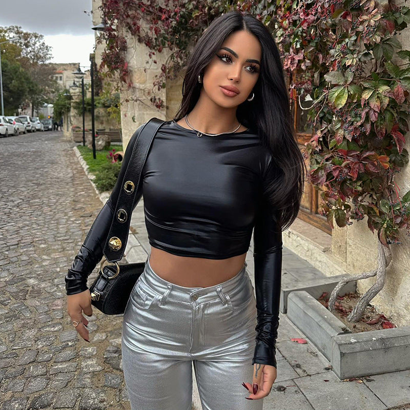 Dame Crop-top med glinsende overflade og lang arm Stilla