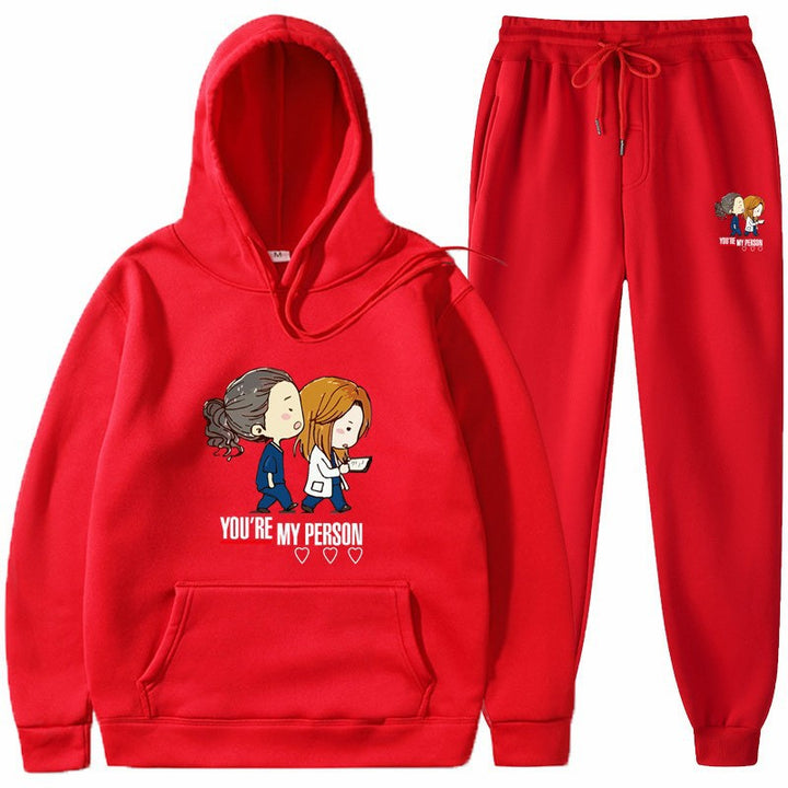 Dame Hoodie og Joggingbukser Sæt med Originalt Tegneserie Design Skovae