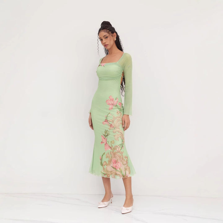 Dame elegant Midikjole med blomsterdesign og gennemsigtige lange ærmer Skovae