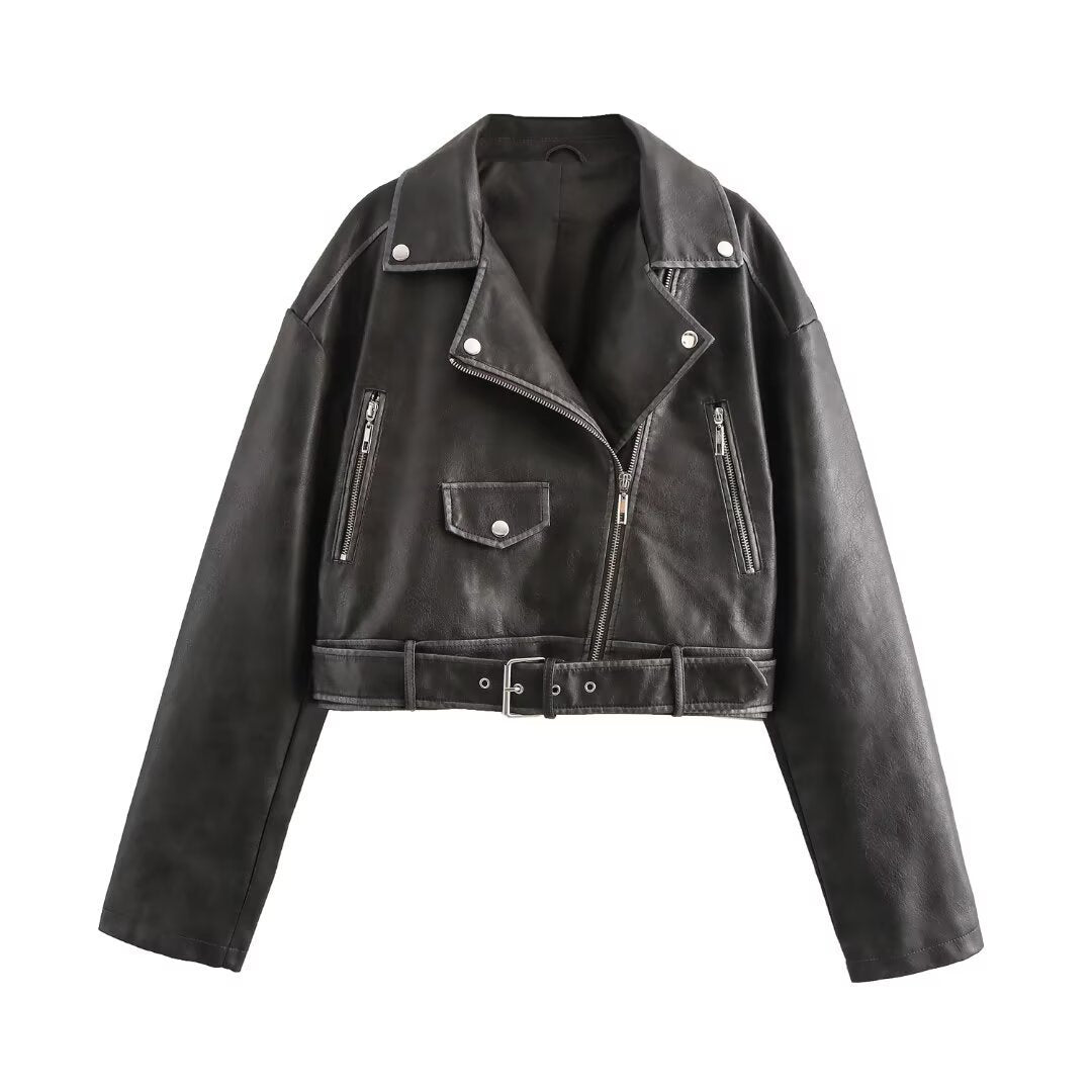 Femme Cropped Bikerjakke med Bælte Detalje Stilla