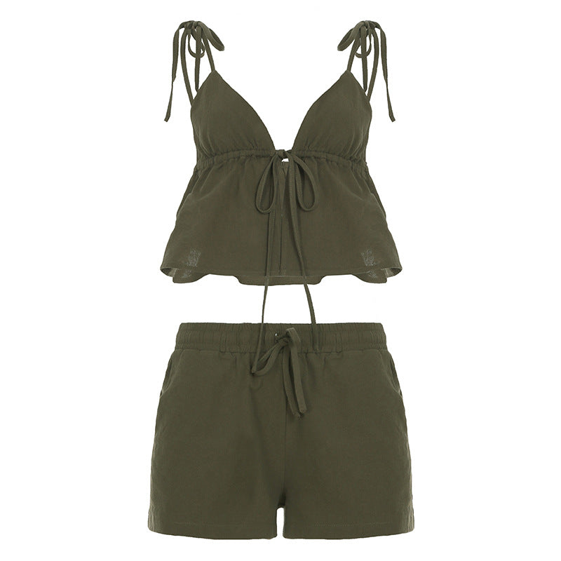 Damen elegantes Halter-Top mit herausragender Raffung und kurzen Shorts Skovae