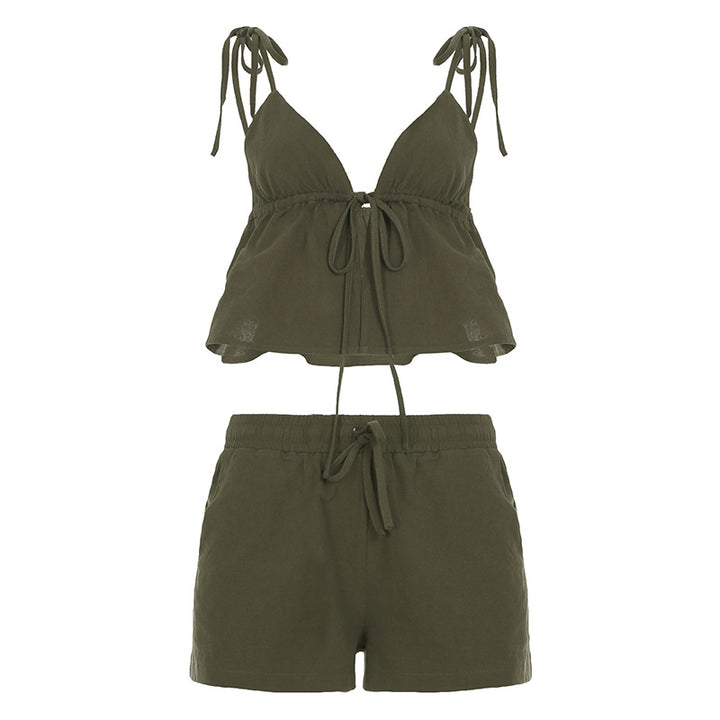 Damen elegantes Halter-Top mit herausragender Raffung und kurzen Shorts Skovae
