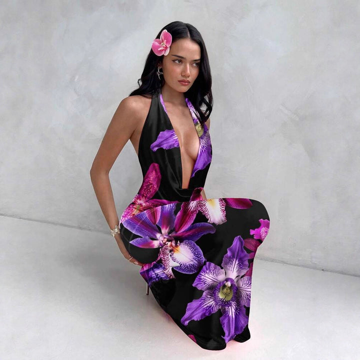 Dame Elegant Maxikjole med sofistikeret blomsterprint og dyb V-udskæring Skovae