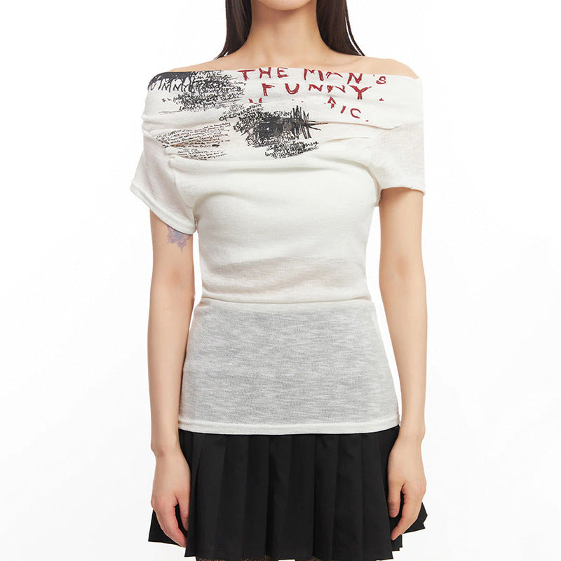 Dame Off-Shoulder T-Shirt med kunstnerisk tryk og tætsiddende pasform Skovae