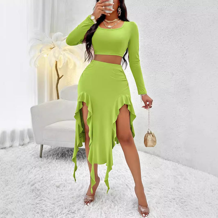 Dame Elegant top med asymmetrisk nederdel og rynk Stilla