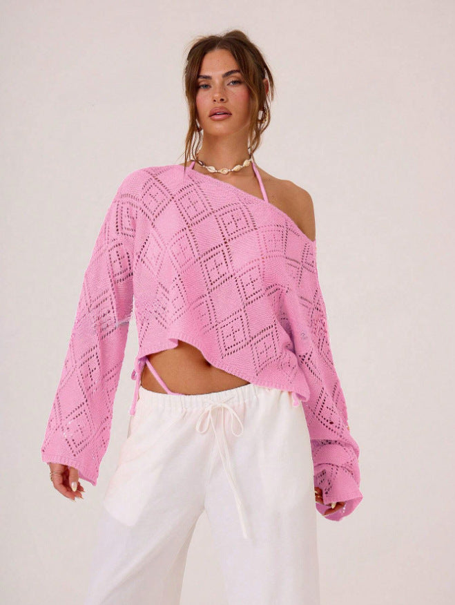 Dame luftig strikpullover med asymmetrisk design og fint mønster Stilla