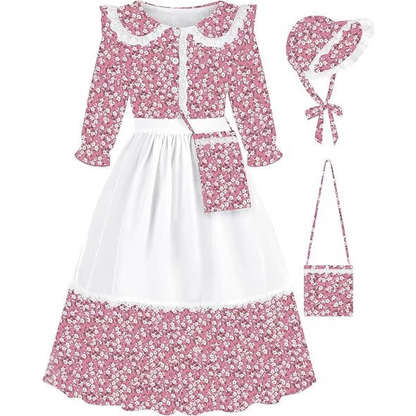 Dame Vintage Blomsterkjole med Forklæde og Hætte Stilla