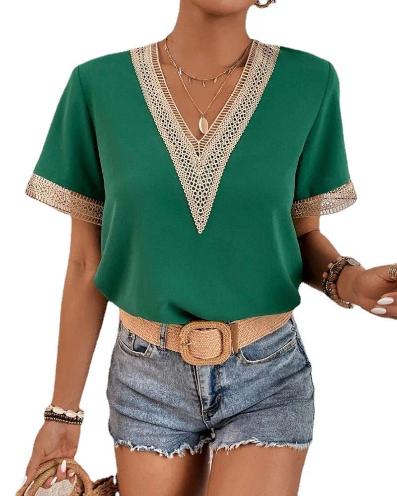 Dame elegant spids dekoreret V-hals bluse Stilla