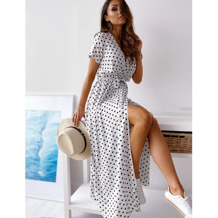 Dame Polka Dot Wrap Maxi Kjole med Sideslids og Bindebånd Stilla