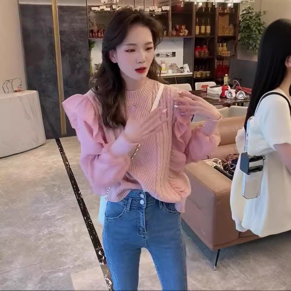 Damer mode strikket sweater med flæsedetaljer og struktur Stilla