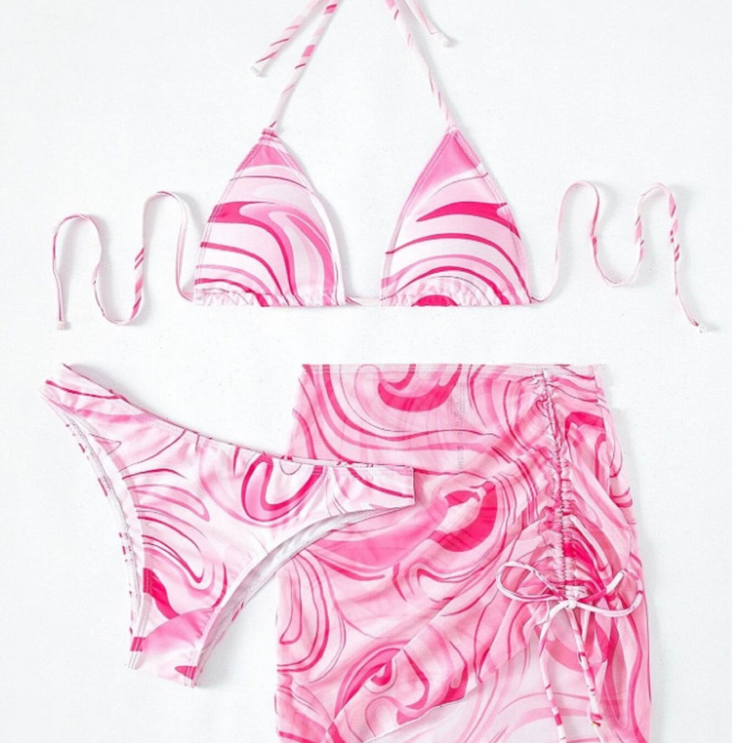Dame Triangel-Bikini-Sæt med legesyg omslagsshort og unikt marmor-mønster Stilla