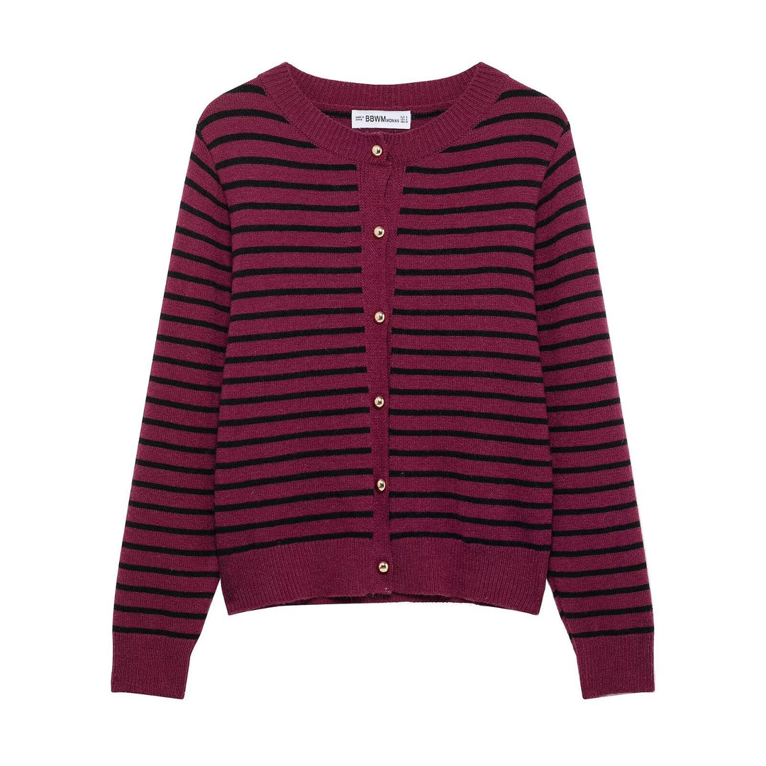 Femme Stribet Knap-Op Strikcardigan Stilla