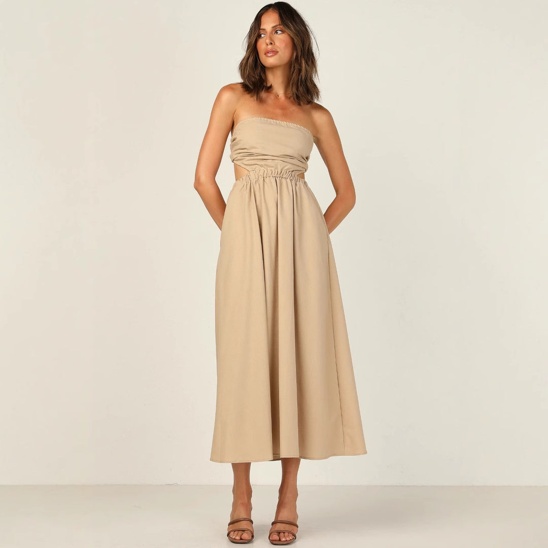 Women Strapless Maxi Dress with Side Cut-Out and Practical Pocket Design Skovae