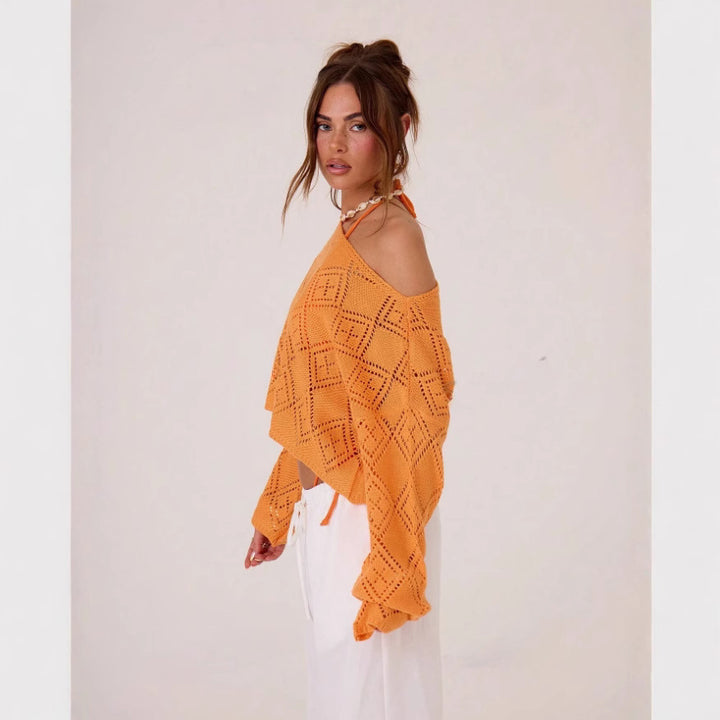 Dame luftig strikpullover med asymmetrisk design og fint mønster Stilla