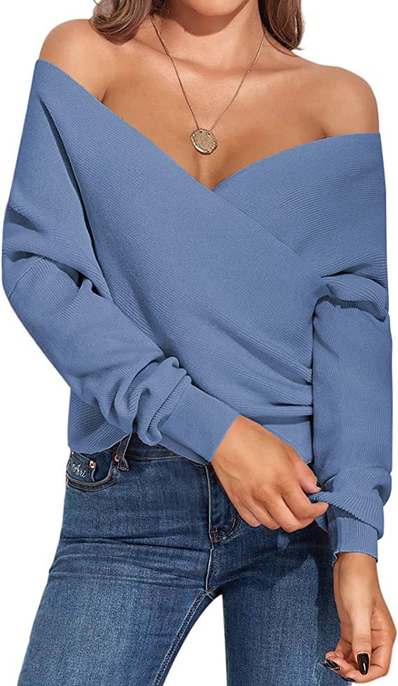 Dame Off-Shoulder Strikketrøje med Wickeldesign Stilla