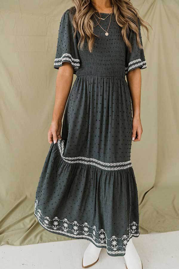 Stilla | Dot Flares Ærme Smocked Maxi Kjole