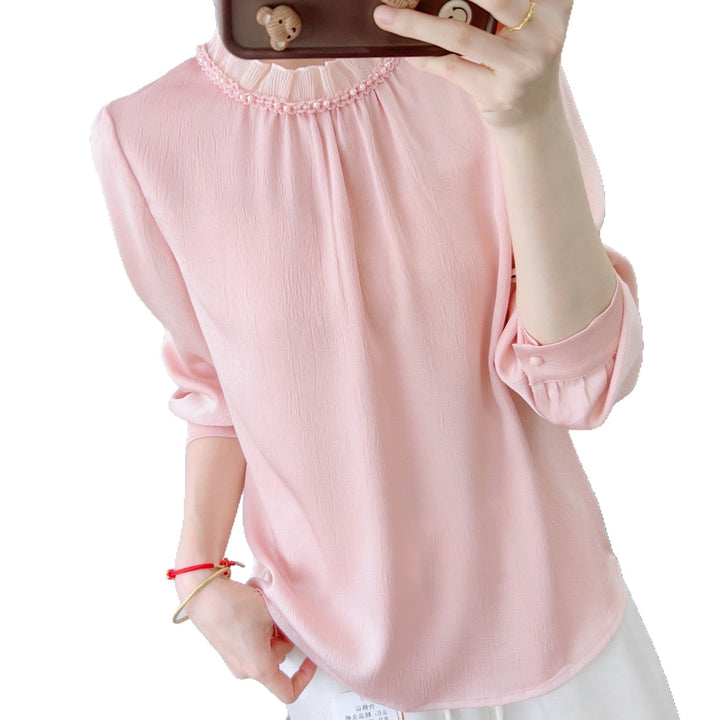 Dame elegant bluse med perlebesat krave og afslappet snit Stilla