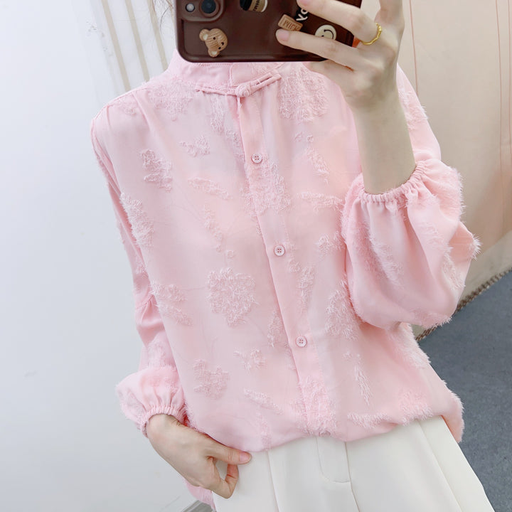 Damebluse med blomstret broderedesign og elastiske ærmer Stilla