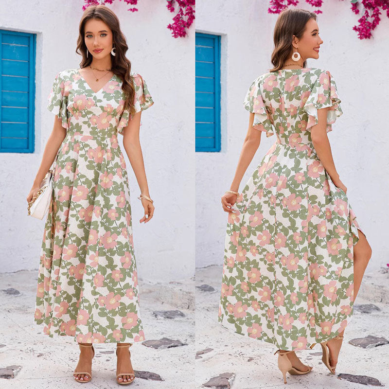 Dame Floral Print Maxi Kjole med Flattermer Stilla