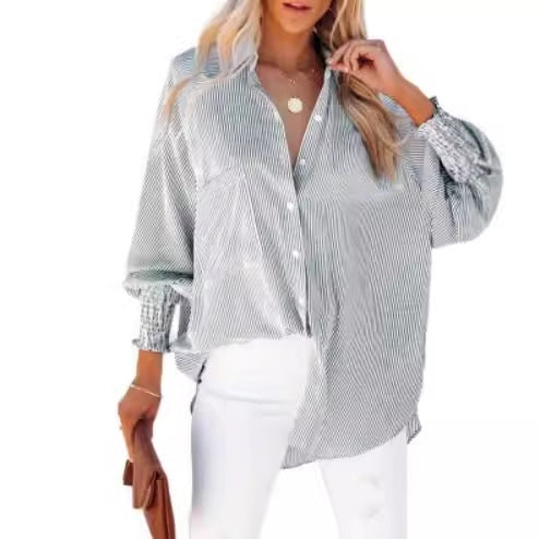 Damer Oversize Skjortebluse med modetræk og stribemønster Stilla