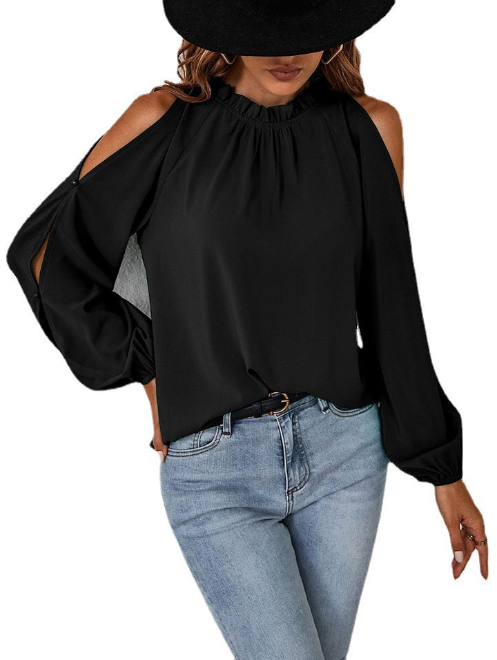 Dame Off-Shoulder Bluse med ballonformede ærmer og flæsekrave Stilla