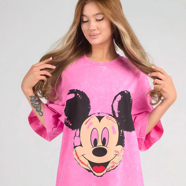 Dame oversized T-shirt med nostalgisk Mickey Mouse tryk og afslappet snit Stilla