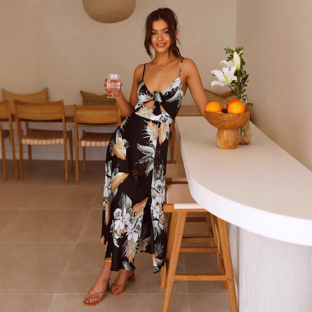 Dame Floral Print Vævet Maxikjole med justerbar bindebånd Stilla