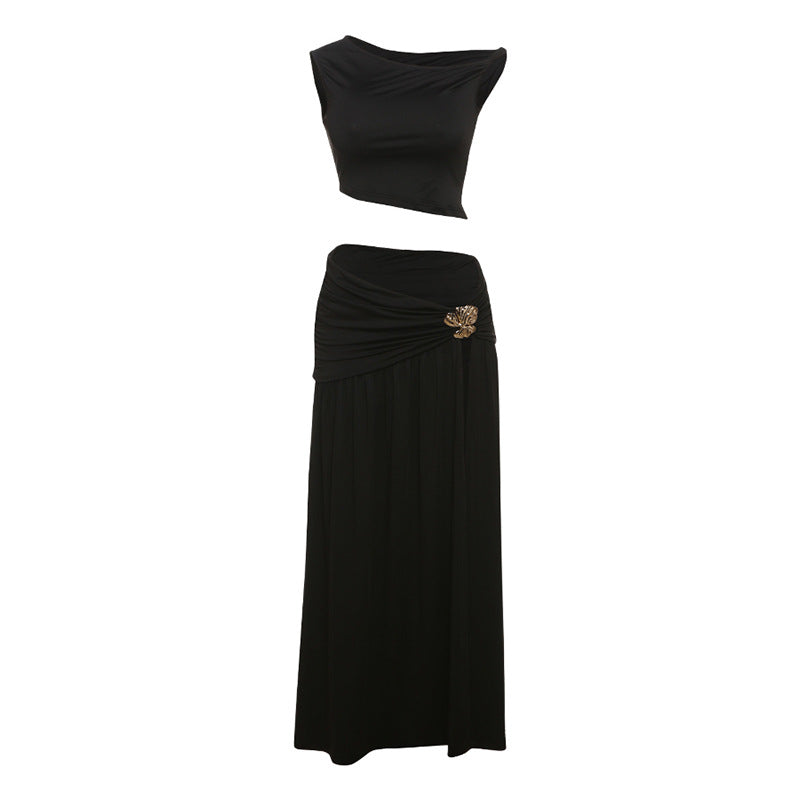 Dame Elegant Crop Top og Højskåret Maxi Nederdel Sæt Skovae