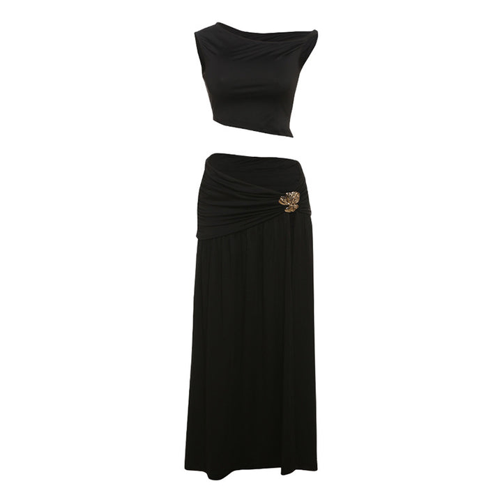 Dame Elegant Crop Top og Højskåret Maxi Nederdel Sæt Skovae